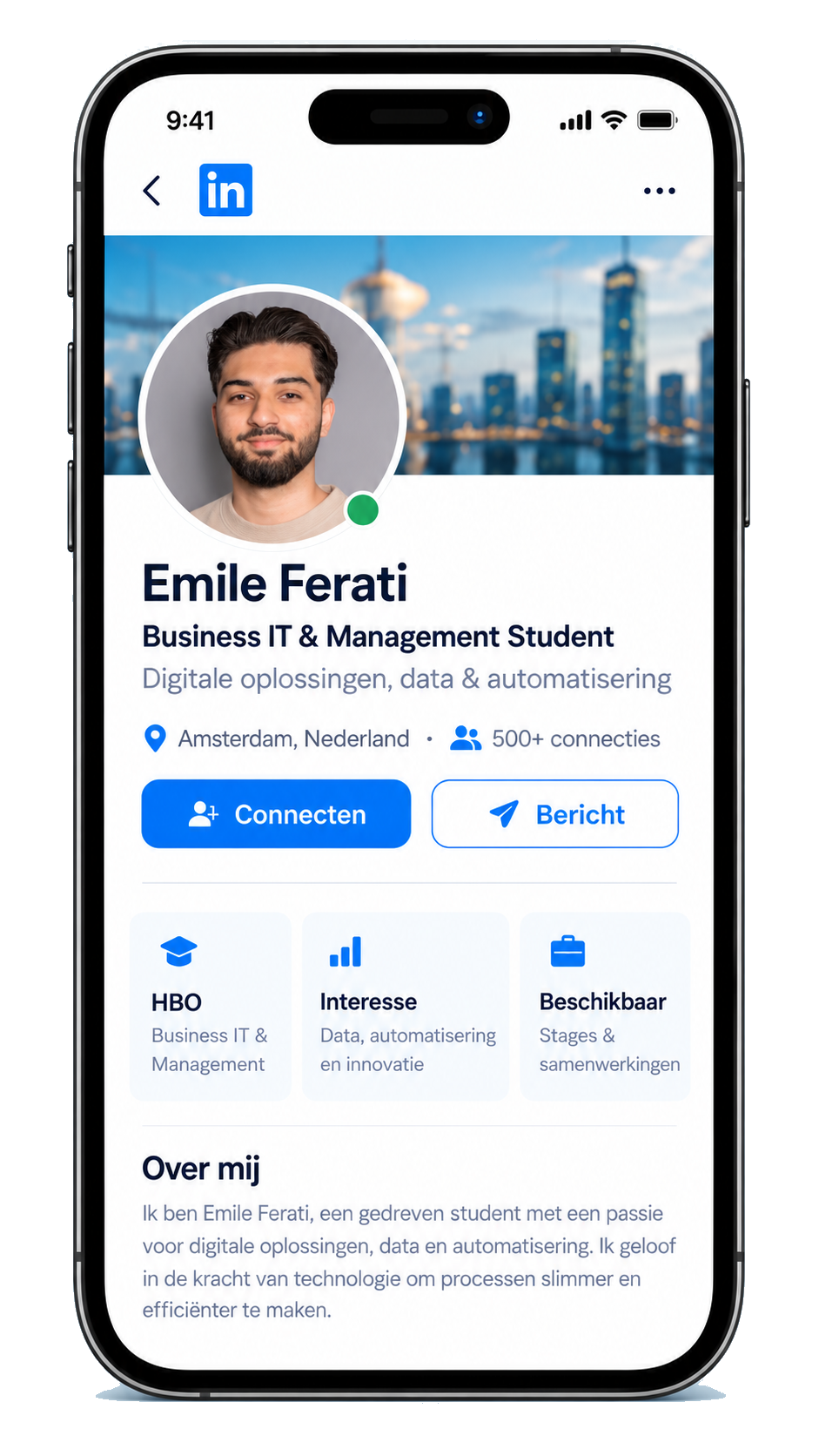 LinkedIn-profiel van Emile Ferati op een smartphone