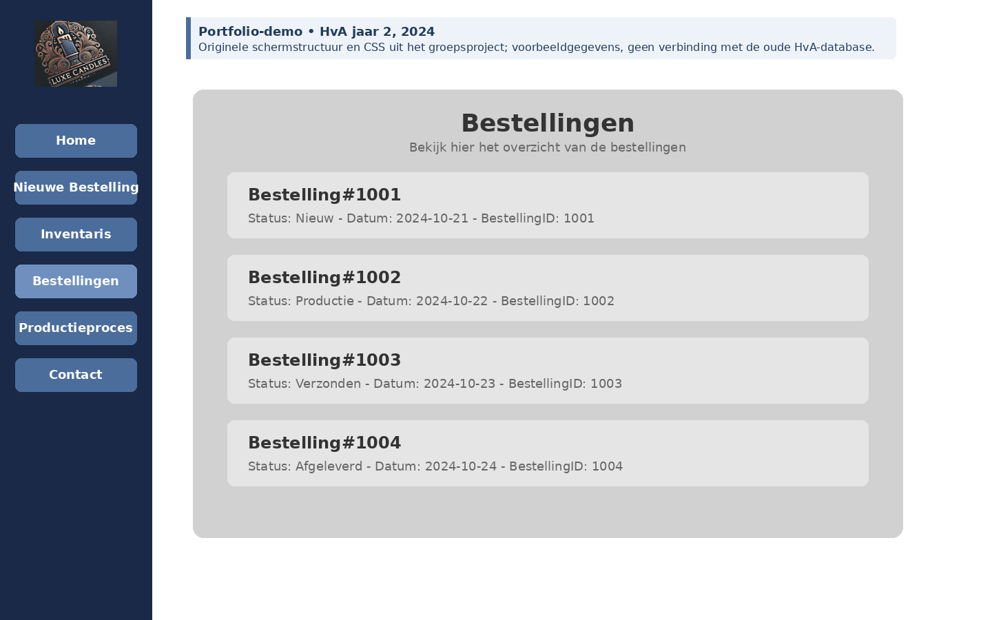 Screenshot: Luxe Candles — Digitalisering van voorraad- en productiebeheer